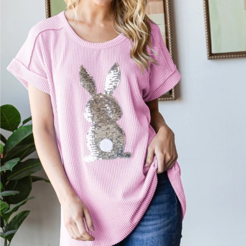 Short Sleeve Solid Urban Ribb Top with Rabbit - Picture 2 of 2